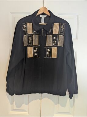 Vintage 90s Alfred Dunner Cottagecore Embroidered Floral Black Bomber Jacket XL